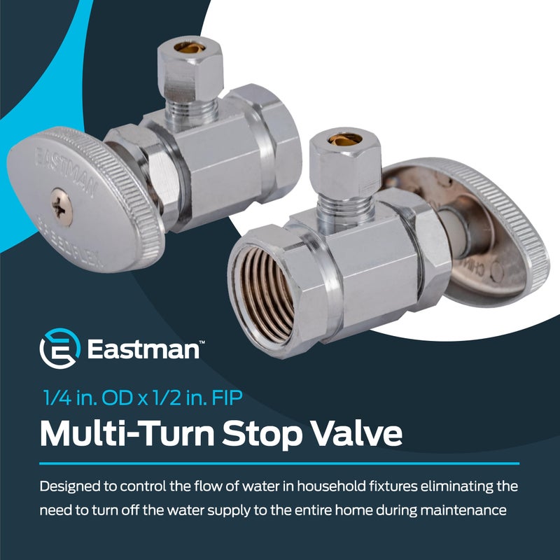 Eastman 1/4 Inch OD Compression x 1/2 Inch FIP Compression Multi-Turn Angle Stop Valve, Brass Plumbing Fitting, Chrome, 04129LF - Image 2